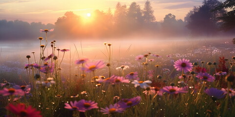 Wall Mural - beautiful colorful flowers on wild field at morning drops of dew and sun beam light