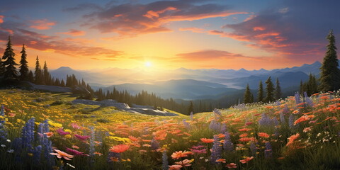 Wall Mural - beautiful colorful flowers on wild field at morning drops of dew and sun beam light
