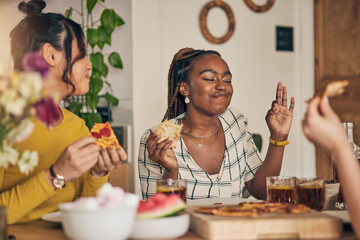 food, drinks and pizza party, women and dinner, friends and fun with eating and nutrition at home. i