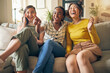 © Davids C/peopleimages.com - Happy, friends and women watching tv on a sofa laughing, bond and relax in their home on the weekend. Television, movie and people with diversity in living room for streaming, film or comedy in house