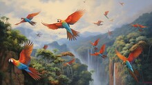  A Painting Of Birds Flying In The Air Over A Waterfall.  Generative Ai