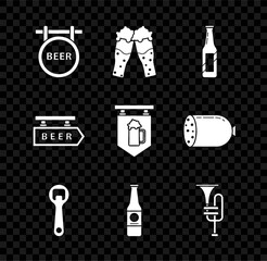 Canvas Print - Set Street signboard with inscription Beer, Glass of beer, bottle, Bottle opener, Musical instrument trumpet, and glass icon. Vector