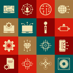 Sticker - Set Computer cooler, Smartphone, mobile phone, Virtual reality glasses, Processor, Laptop, and gear, and Gamepad icon. Vector