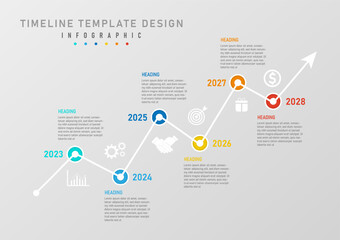 Wall Mural - infographic timeline template 6 year line graph with colored circles at sharp points with year numbers. white icon in the center Above and below are letters. gray gradient background