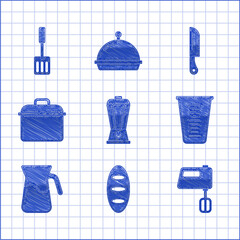 Sticker - Set Blender, Bread loaf, Electric mixer, Measuring cup, Jug glass with water, Cooking pot, Knife and Spatula icon. Vector