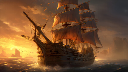 Wall Mural - Ship sailing on the sea at the dusk 