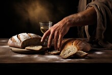 A Sacramental Encounter: Hands Breaking Bread On A Table With Bread And Wine, Conveying The Profound Significance Of The Last Supper's Spiritual Bond Generative AI	
