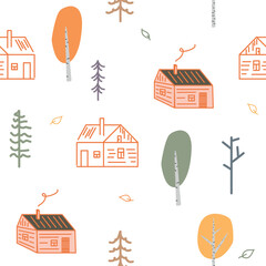 Wall Mural - Vector seamless pattern with houses in the forest