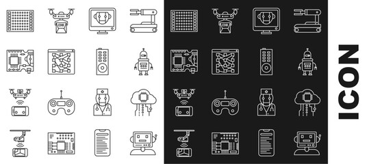 Poster - Set line Robot, Internet of things, Bot, Global technology or social network, Printed circuit board PCB, and Remote control icon. Vector