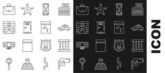 Wall Mural - Set line Security camera, Prison window, Police car and flasher, Old hourglass with sand, cell door, Suspect criminal, Briefcase and Evidence bag bullet icon. Vector