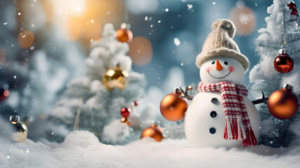 Wall Mural - Snowman and Christmas tree decoration 