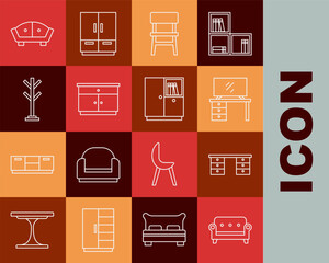 Sticker - Set line Sofa, Office desk, TV table stand, Chair, Furniture nightstand, Coat, and Wardrobe icon. Vector