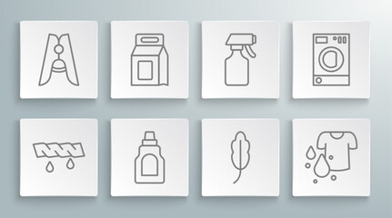 Canvas Print - Set line Squeeze clothes, Laundry detergent, Bottle for cleaning agent, Feather, Dirty t-shirt, Water spray bottle, Washer and Clothes pin icon. Vector