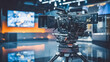 Camera at a media conference. Professional TV camera standing in Studio with anchor seen in small display.

