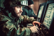 © Goffkein - Military surveillance officer tracking operation in a central office hub for cyber control. Monitoring for managing national security, army communications