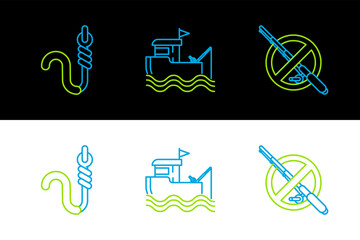 Poster - Set line No fishing, Fishing hook and worm and boat with rod on water icon. Vector