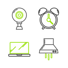 Poster - Set line Kitchen extractor fan, Laptop, Alarm clock and Web camera icon. Vector