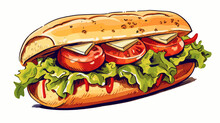 Drawing Of A Sandwich With Sausage Sausage On A White Background Vector