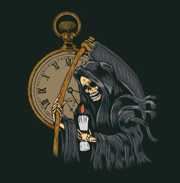 memento mori, reaper holding candle light and pocket watch illustration