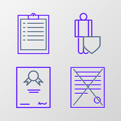 Poster - Set line Delete file document, Certificate template, Life insurance with shield and Clipboard checklist icon. Vector