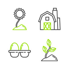 Wall Mural - Set line Sprout, Chicken egg in box, Farm House concept and Sunflower icon. Vector