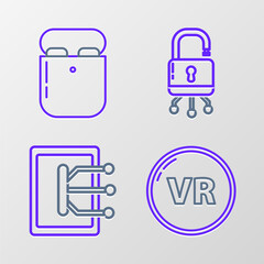 Poster - Set line Virtual reality, Tablet, Lock on digital circuit board and Air headphones in box icon. Vector