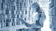 AI humannoid robot reading book in library, minimal style in white color, artificial intelligence, Machine learning futuristic technology concept.