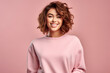 smiling brunette in pink mockup sweater , posing in pink studio background ai generated art