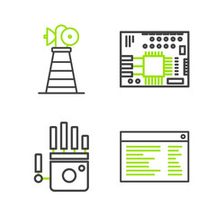 Sticker - Set line Software, web developer programming code, Mechanical robot hand, Printed circuit board PCB and Antenna icon. Vector