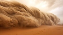  A Desert Landscape With Sand Blowing In The Wind And A Cloudy Sky.  Generative Ai