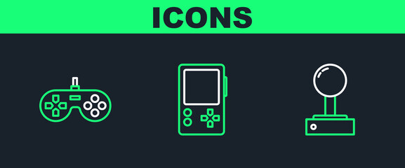 Poster - Set line Joystick for arcade machine, Gamepad and Portable video game console icon. Vector