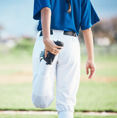 Sticker - Back, softball and athlete stretching legs at field outdoor in healthy body exercise. Warm up, hands and person prepare in sports training, wellness workout and fitness to start game or competition