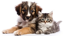 Border Collie Puppy With Little Kitten On A White Background. Generative AI.