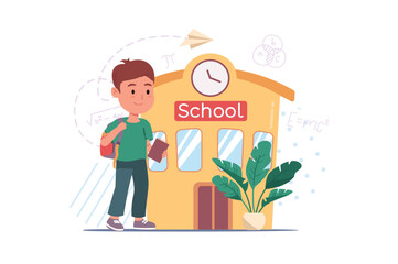 Wall Mural - Concept go to school with people scene in the flat cartoon design. The student is in a hurry so as not to be late for the lesson. Vector illustration.