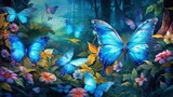 Fototapeta Pokój dzieciecy -  a painting of blue butterflies flying over a lush green forest.  generative ai