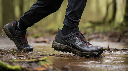 Canvas Print - A person wearing hiking shoes in the woods. Generative AI image.