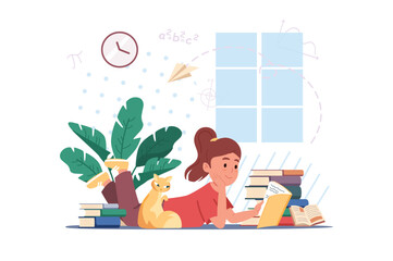 Poster - Homework concept with people scene in the flat cartoon design. The girl is interested in reading the books assigned at school. Vector illustration.