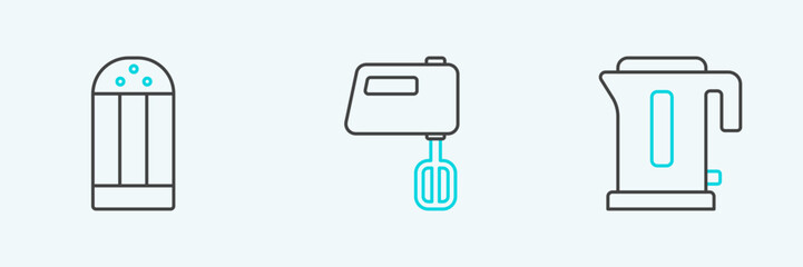 Sticker - Set line Electric kettle, Salt and mixer icon. Vector