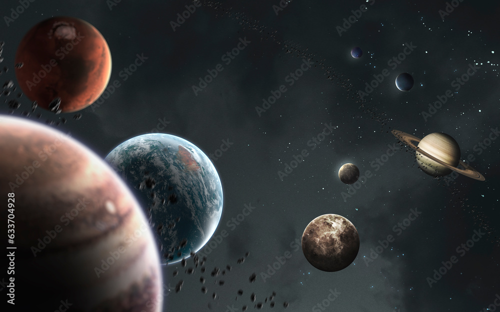 3D illustration of solar system and all planets. 5K sci-fi ...