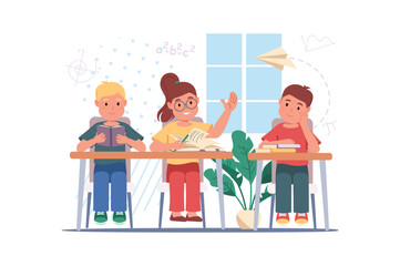 Poster - Lesson concept with people scene in the flat cartoon style. Pupils try to answer actively in class. Vector illustration.