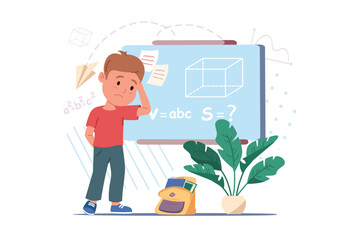 Poster - Maths concept with people scene in the flat cartoon design. The boy can't solve a math problem at the blackboard. Vector illustration.