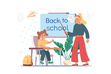 Aufkleber - Back to school concept with people scene in the flat cartoon style. The student returned to the school desk after the vacation. Vector illustration.