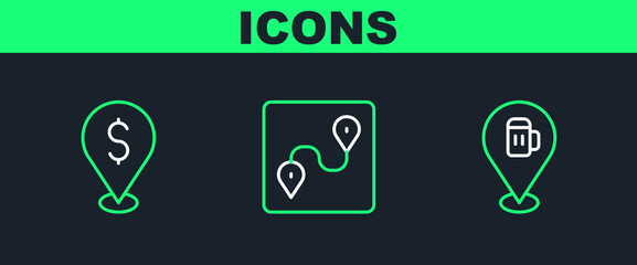 Poster - set line alcohol or beer bar location, cash and route icon. vector