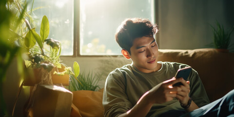 Happy handsome man Asian checking social media holding smartphone sitting on a sofa at home. Smiling young man using mobile phone app playing game, shopping online, generative ai