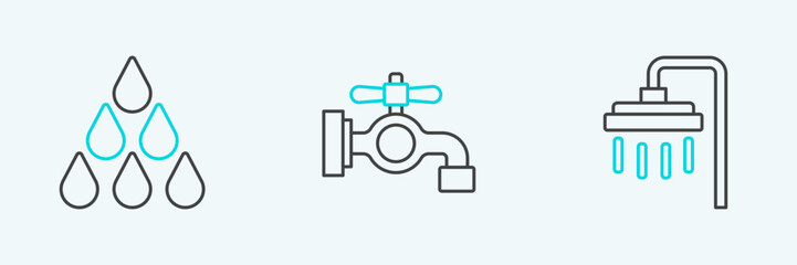 Sticker - Set line Shower, Water drop and tap icon. Vector