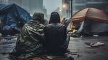 Couple Of Homeless People Sitting In The Street Seen From Behind