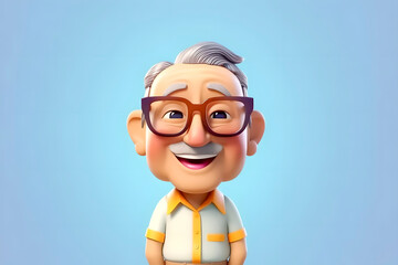 Sticker - Cartoon avatar of an old elderly gray-haired happy man with a gray mustache and glasses