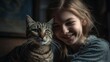 © Irina - Cute little smiling girl with hugs cute warm striped cat. Lovely domestic pet.