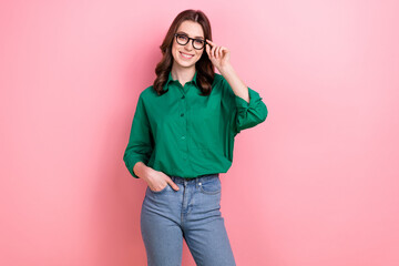 Canvas Print - Photo of excited cute lady wear green shirt arm eyeglasses smiling isolated pink color background