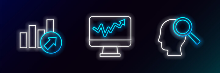 Wall Mural - Set line Search people, Financial growth and Monitor with graph chart icon. Glowing neon. Vector